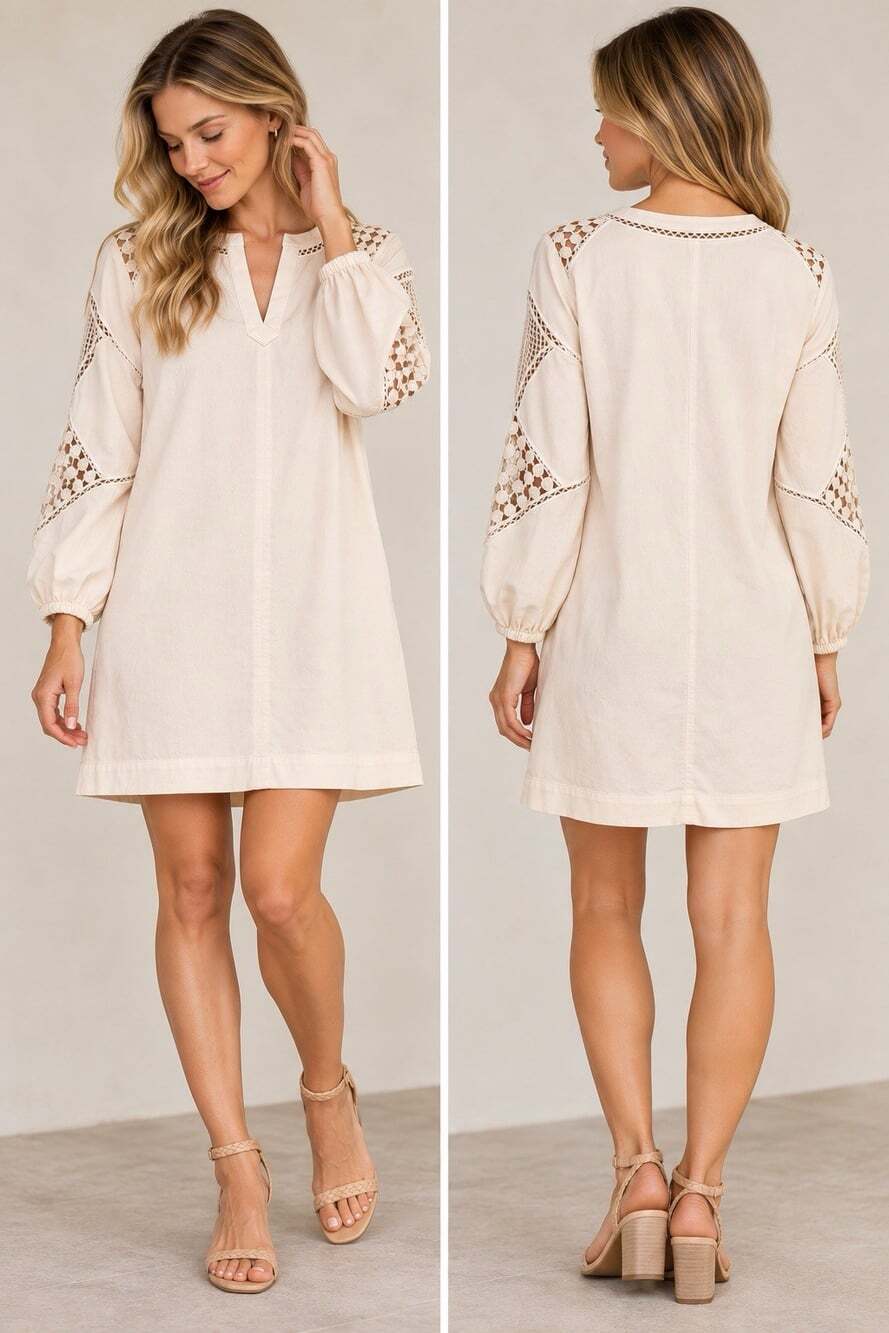 LOFT Cream Crochet Cutout Long Sleeve Shift Dress Size Small Boho